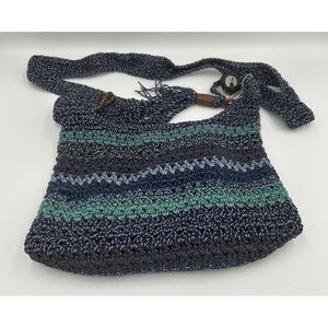 The Sak Crocheted Blue Multi‎ Shoulder Handbag -Zipper- Adjustable Strap-Pockets